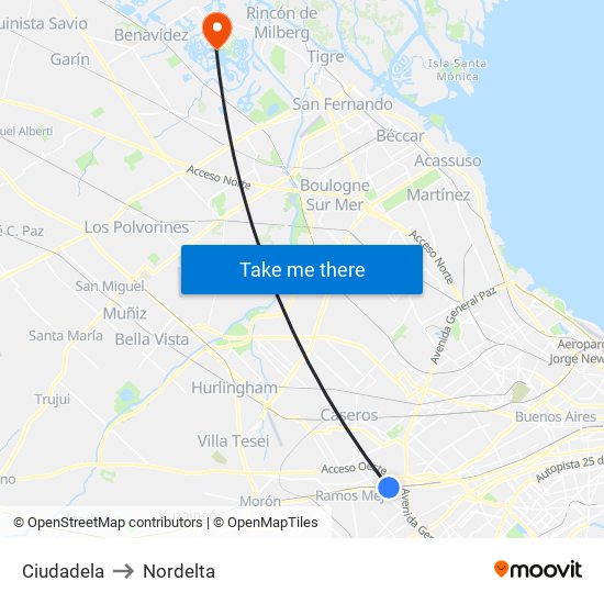 Ciudadela to Nordelta map