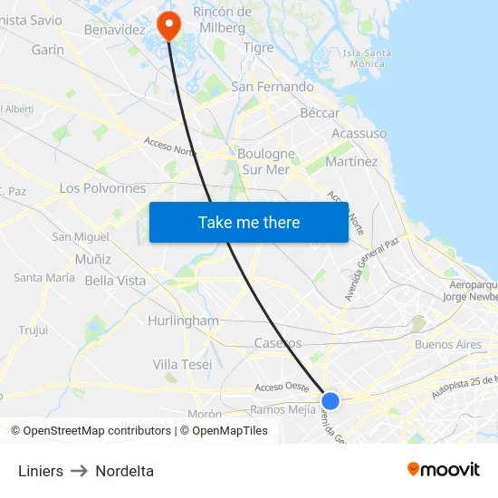 Liniers to Nordelta map