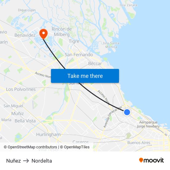 Nuñez to Nordelta map