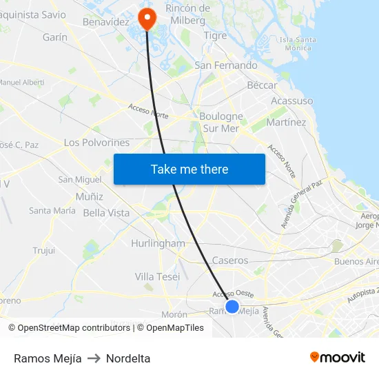 Ramos Mejía to Nordelta map