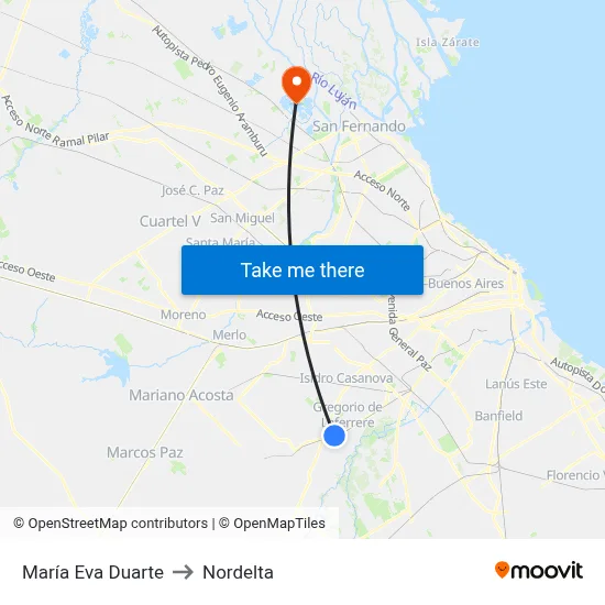 María Eva Duarte to Nordelta map