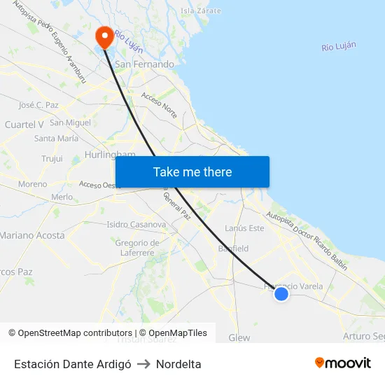 Estación Dante Ardigó to Nordelta map