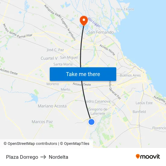 Plaza Dorrego to Nordelta map