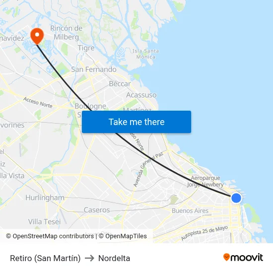 Retiro (San Martín) to Nordelta map