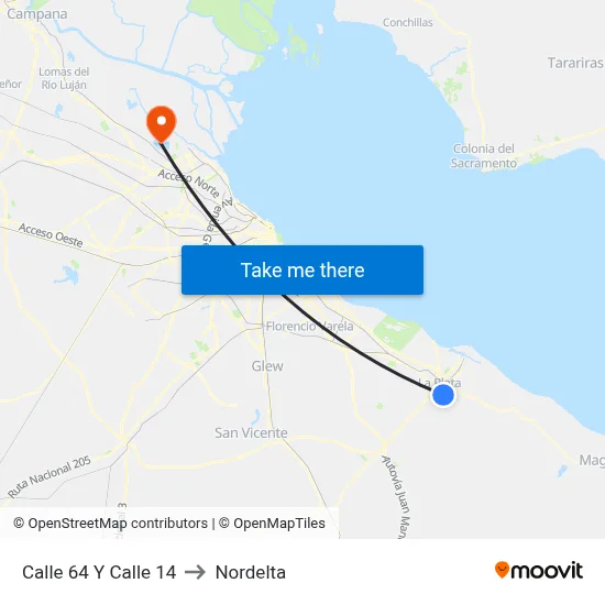 Calle 64 Y Calle 14 to Nordelta map