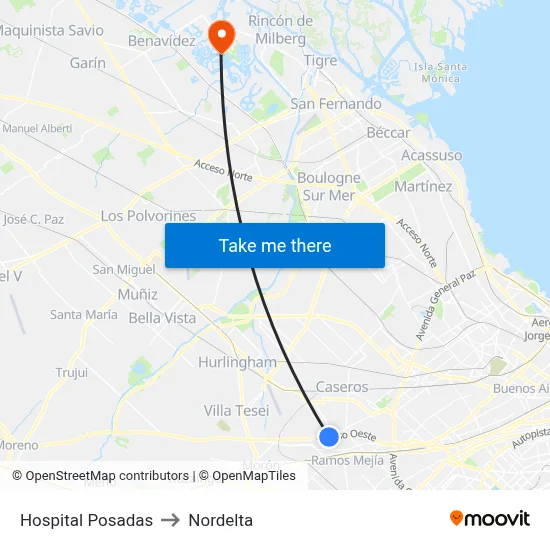 Hospital Posadas to Nordelta map
