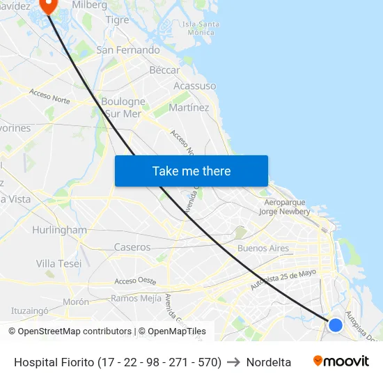Hospital Fiorito (17 - 22 - 98 - 271 - 570) to Nordelta map