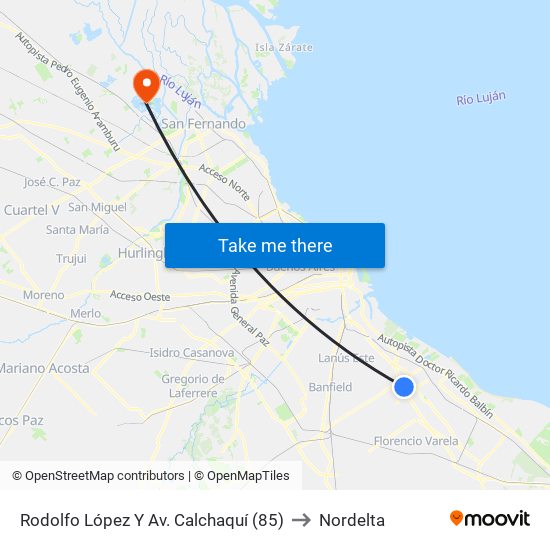 Rodolfo López Y Av. Calchaquí (85) to Nordelta map