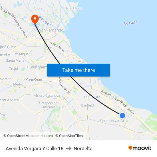 Avenida Vergara Y Calle 18 to Nordelta map