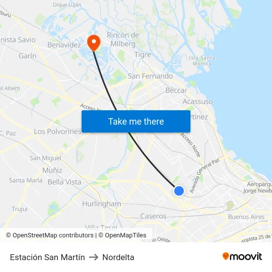 Estación San Martín to Nordelta map
