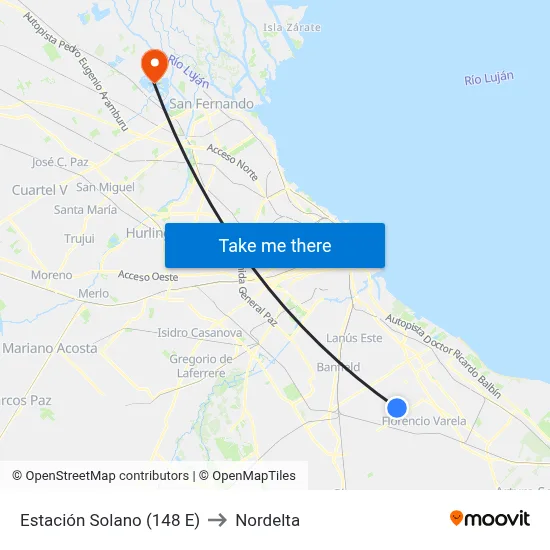 Estación Solano (148 E) to Nordelta map