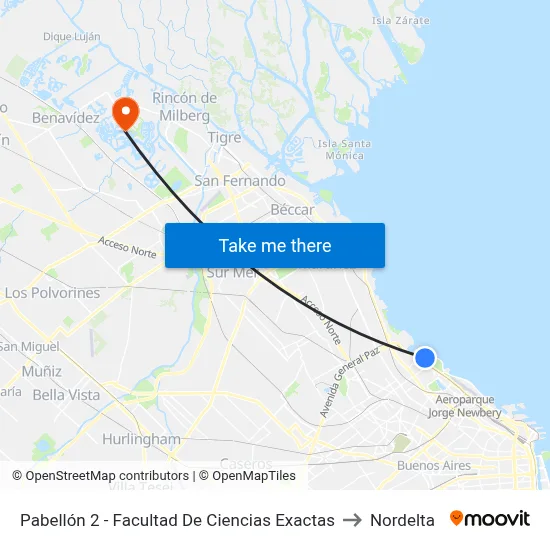 Pabellón 2 - Facultad De Ciencias Exactas to Nordelta map