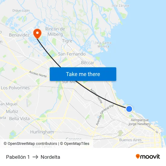 Pabellón 1 to Nordelta map