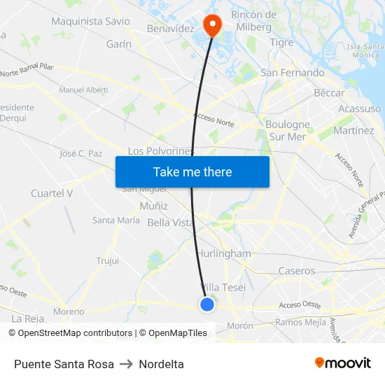 Puente Santa Rosa to Nordelta map