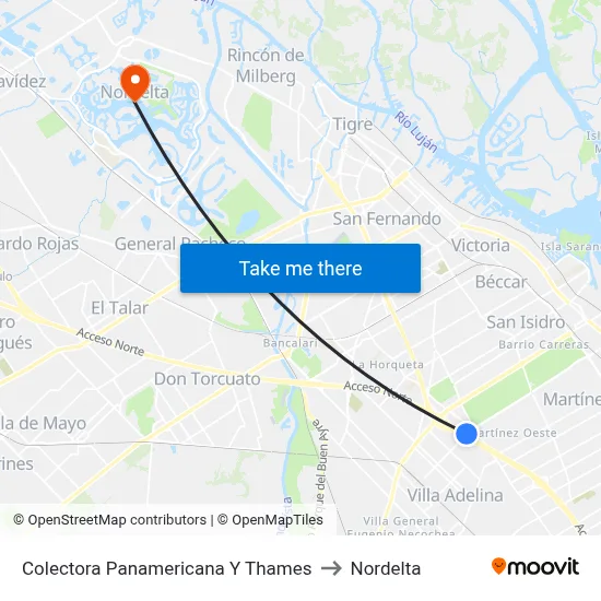 Colectora Panamericana Y Thames to Nordelta map