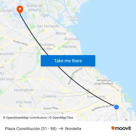Plaza Constitución (51 - 98) to Nordelta map