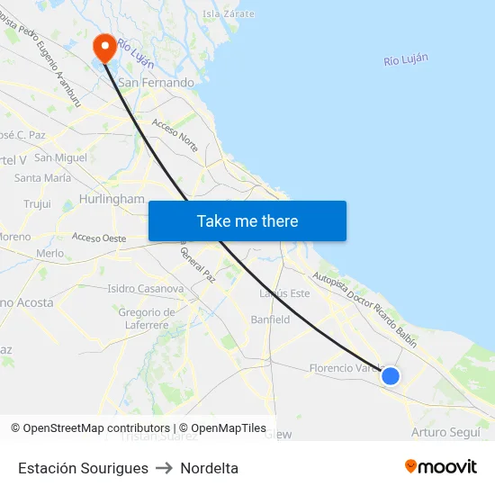 Estación Sourigues to Nordelta map