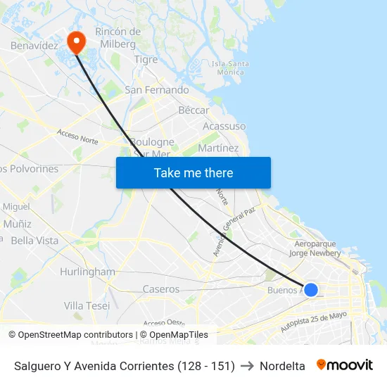Salguero Y Avenida Corrientes (128 - 151) to Nordelta map