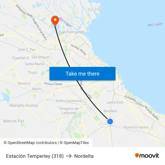 Estación Temperley (318) to Nordelta map