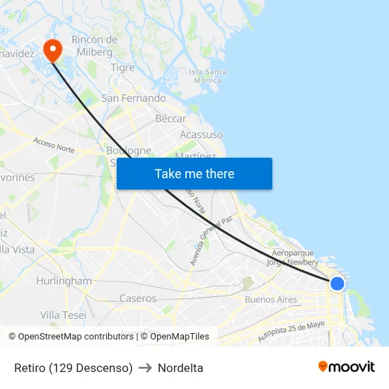 Retiro (129 Descenso) to Nordelta map