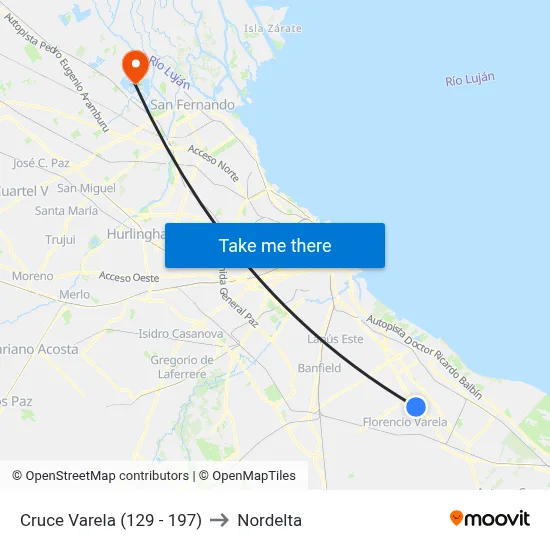 Cruce Varela (129 - 197) to Nordelta map
