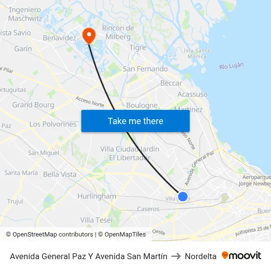Avenida General Paz Y Avenida San Martín to Nordelta map