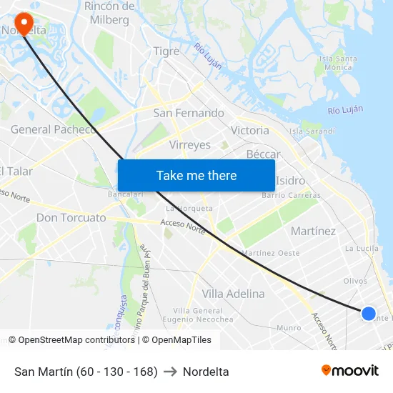 San Martín (60 - 130 - 168) to Nordelta map