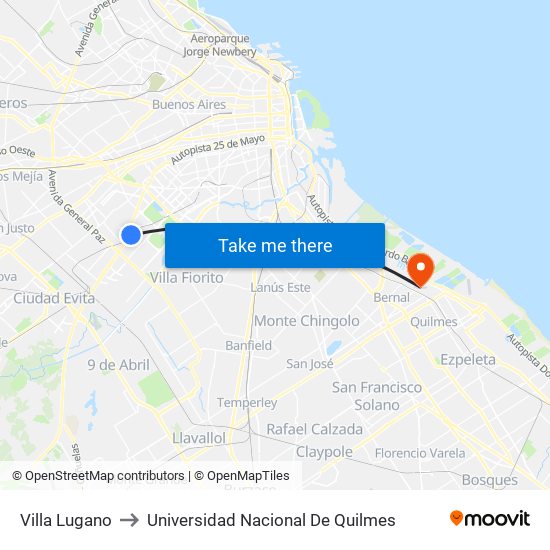 Villa Lugano to Universidad Nacional De Quilmes map
