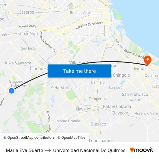 María Eva Duarte to Universidad Nacional De Quilmes map
