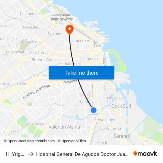 H. Yrigoyen to Hospital General De Agudos Doctor Juan A. Fernández map