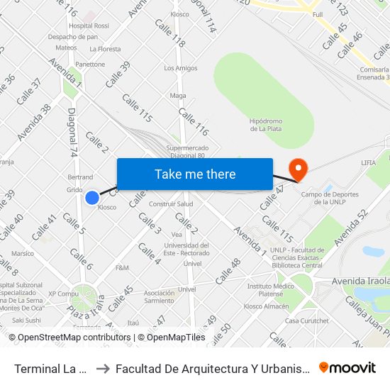 Terminal La Plata to Facultad De Arquitectura Y Urbanismo - Unlp map