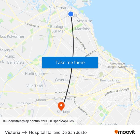 Victoria to Hospital Italiano De San Justo map