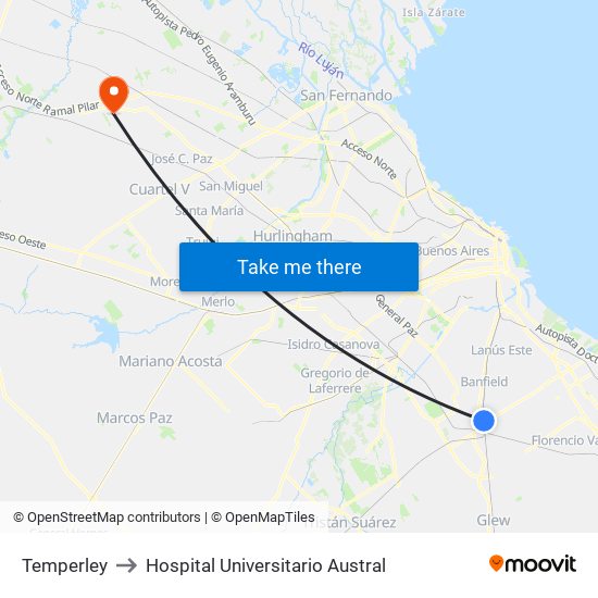 Temperley to Hospital Universitario Austral map