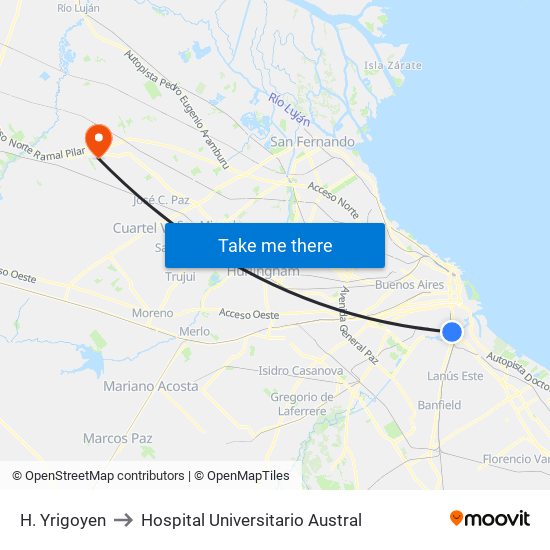 H. Yrigoyen to Hospital Universitario Austral map