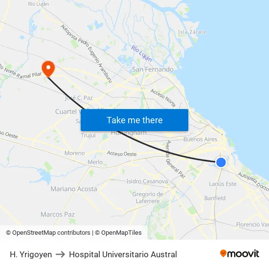 H. Yrigoyen to Hospital Universitario Austral map