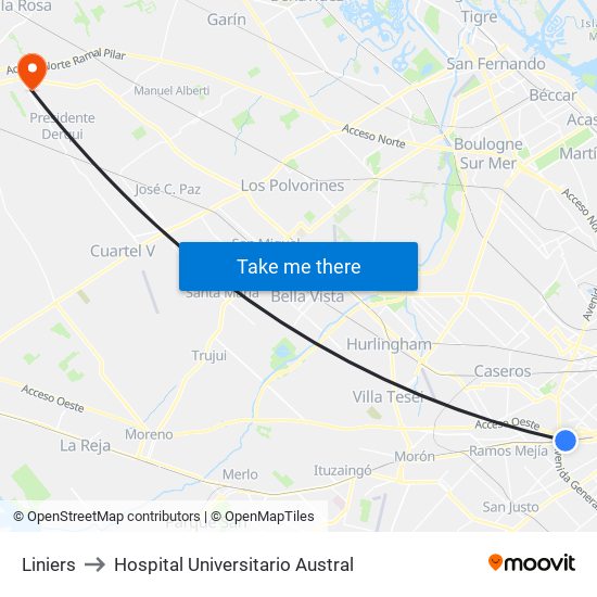 Liniers to Hospital Universitario Austral map