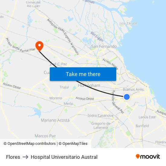 Flores to Hospital Universitario Austral map