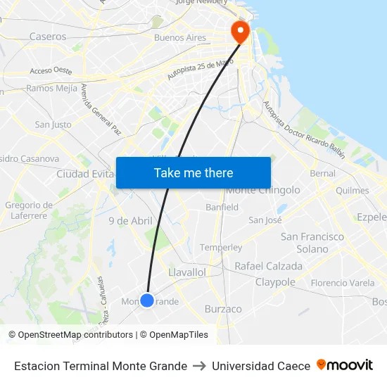 Estacion Terminal Monte Grande to Universidad Caece map