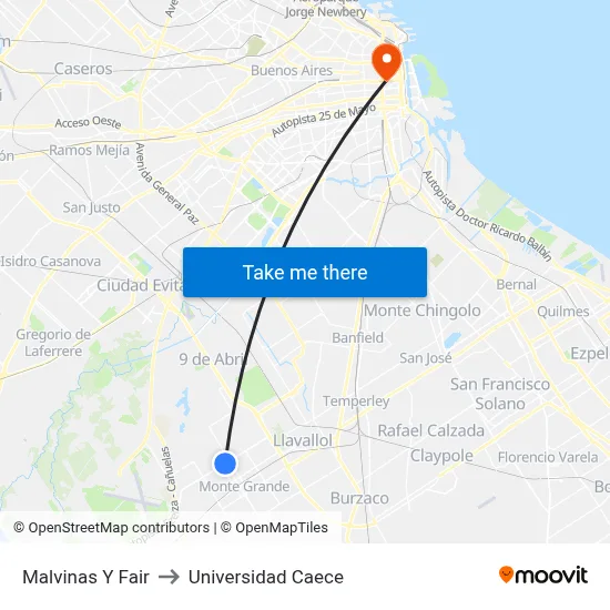 Malvinas Y Fair to Universidad Caece map