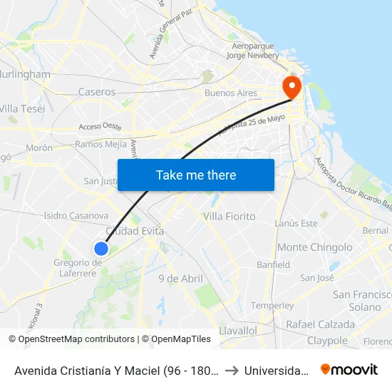 Avenida Cristianía Y Maciel (96 - 180 - 242 - 624 - 630) to Universidad Caece map