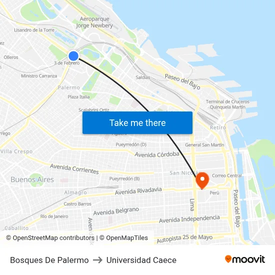 Bosques De Palermo to Universidad Caece map