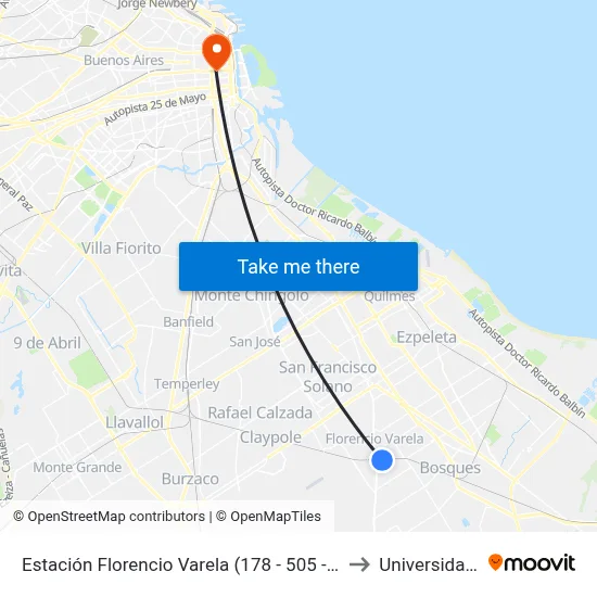 Estación Florencio Varela (178 - 505 - 506 - 509 - 511 - 512) to Universidad Caece map
