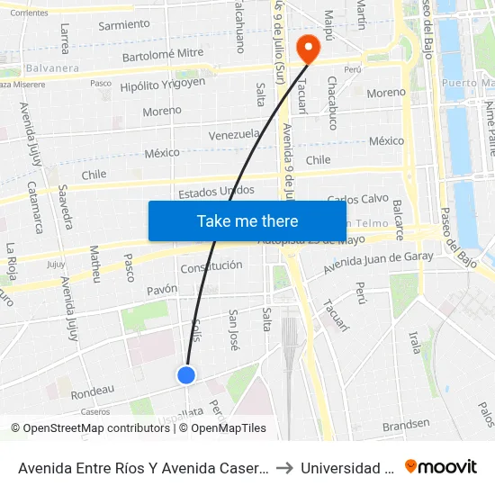 Avenida Entre Ríos Y Avenida Caseros (50 - 133) to Universidad Caece map