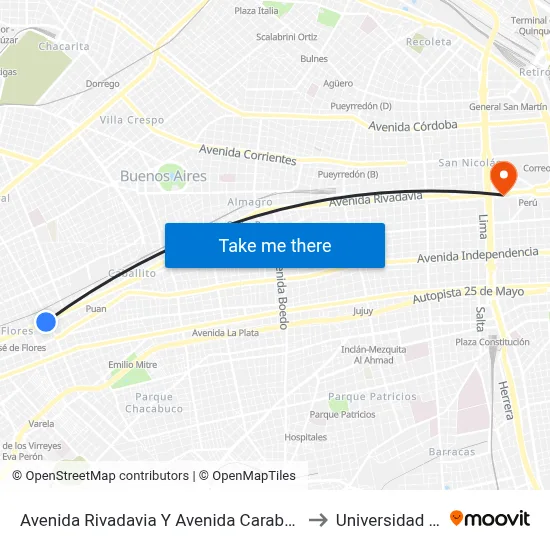 Avenida Rivadavia Y Avenida Carabobo (55 - 132) to Universidad Caece map