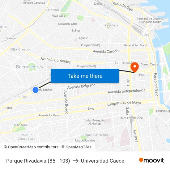 Parque Rivadavia (85 - 103) to Universidad Caece map