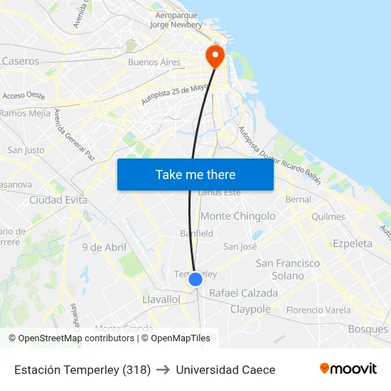 Estación Temperley (318) to Universidad Caece map