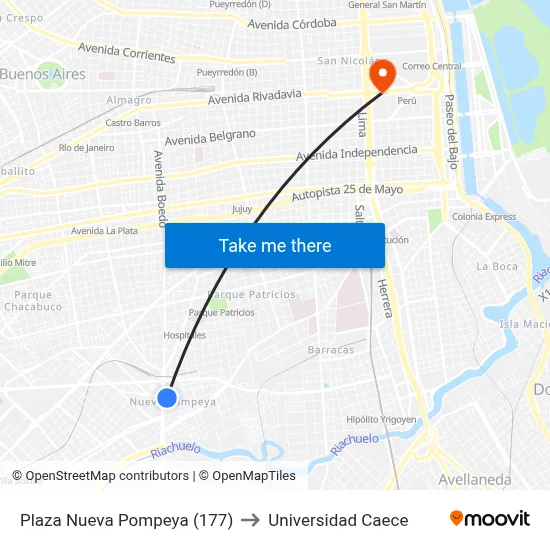 Plaza Nueva Pompeya (177) to Universidad Caece map