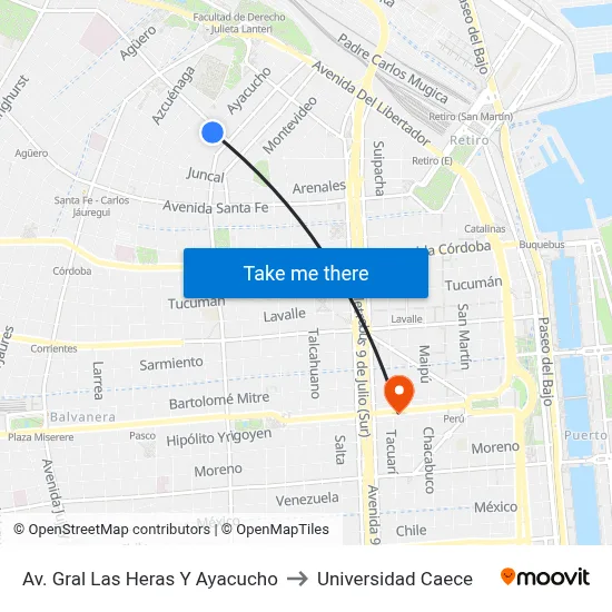Av. Gral Las Heras Y Ayacucho to Universidad Caece map