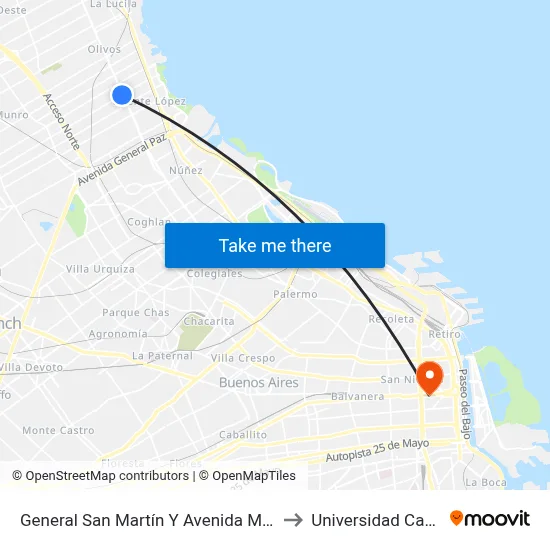 General San Martín Y Avenida Maipú to Universidad Caece map