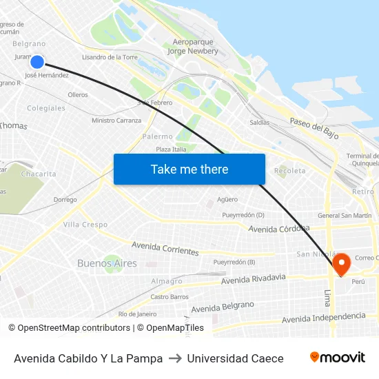 Avenida Cabildo Y La Pampa to Universidad Caece map
